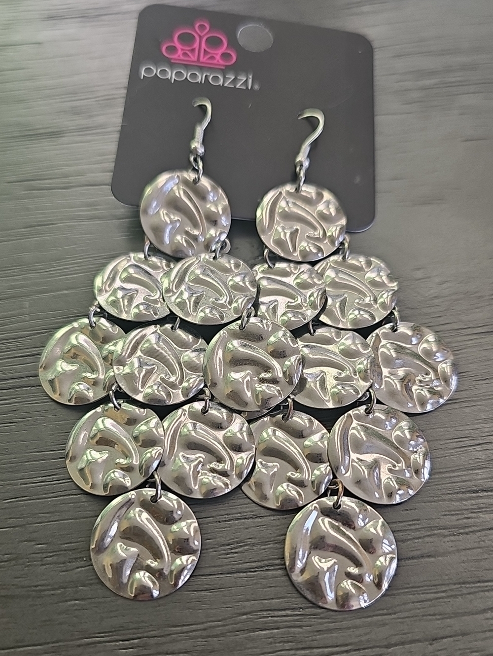 Paparazzi Shimmering Silver Textured Disc Chandelier Earrings